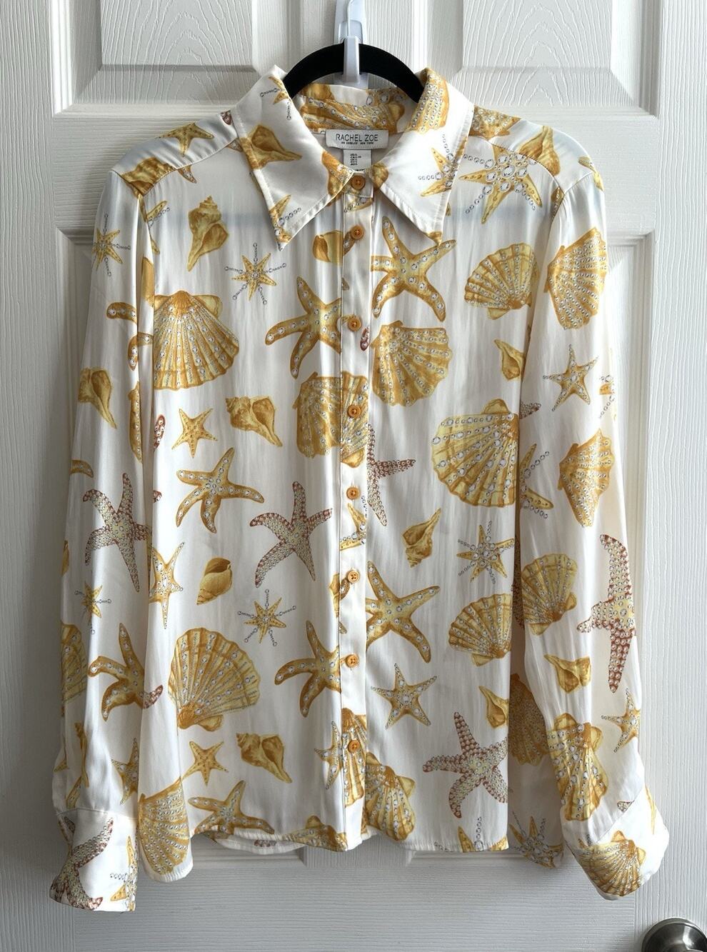 RACHEL ZOE Gold Seashell Starfish Novelty Button Front Jersey Blouse Top Sz L